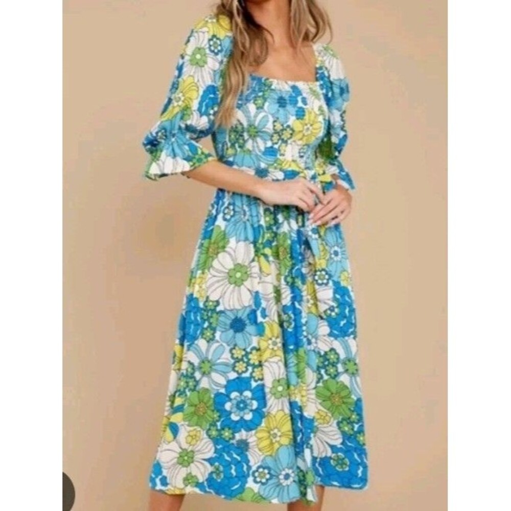 Aura Floral Smocked Belted Dress with Pockets Size Xs